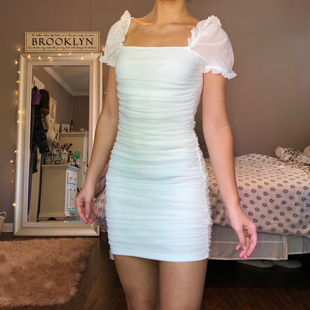 White Ruched Puff Sleeve Dress